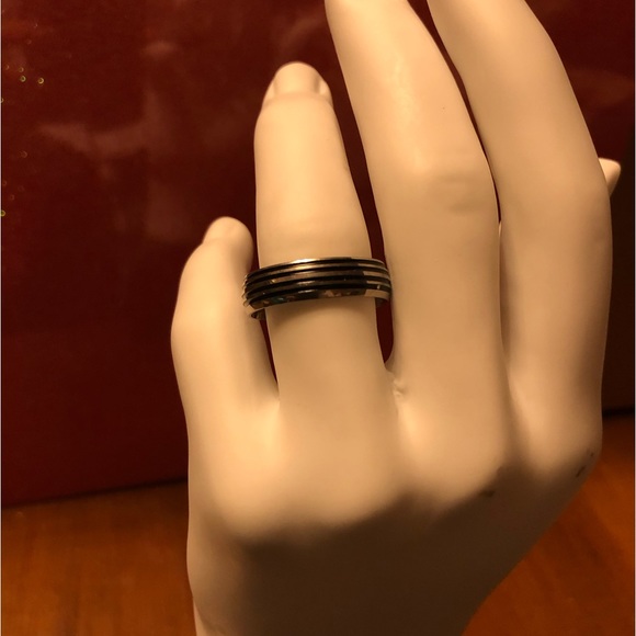 Groom’s Wedding Band; Stainless Steel; Ribbed; Black Inlays - Picture 3 of 6